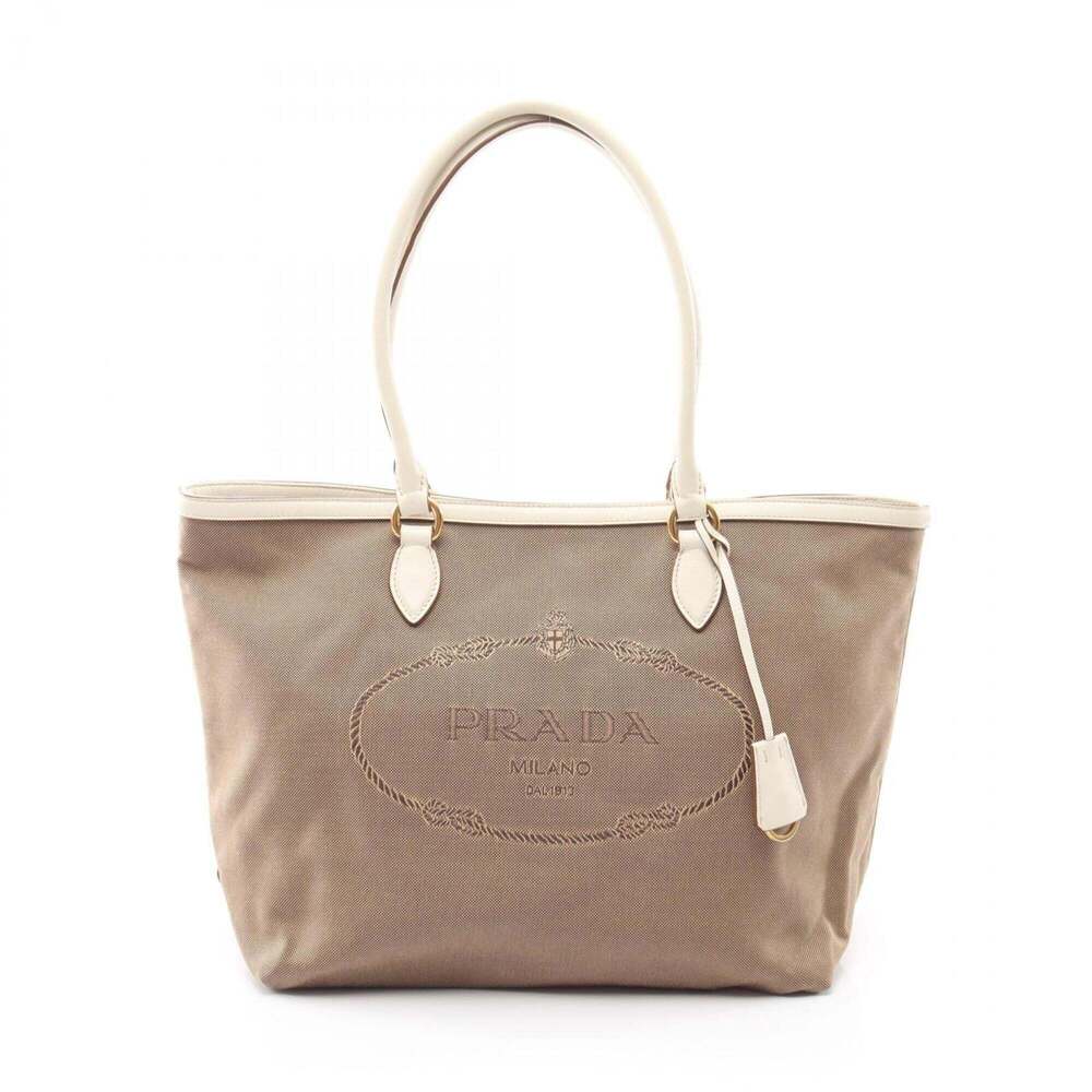 Prada LOGO JACQUARD Tote Bag/Handbag, Canvas and Leather, Women's, Beige/Whit...